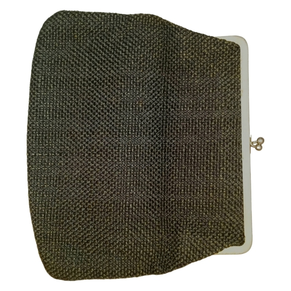 Vintage JR Fabric Wool Tweed Woven Black Purse Clutch Gold Pattern Lining - Picture 9 of 9